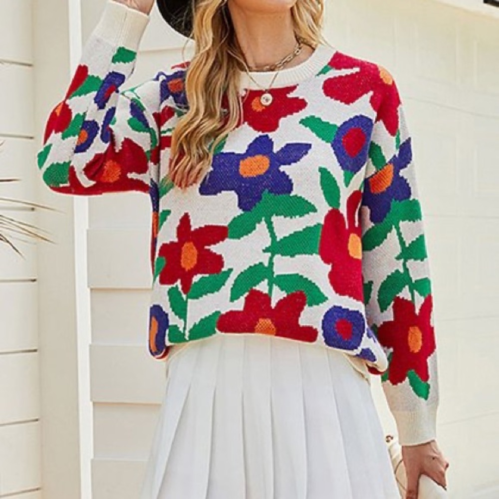 New Crew Neck Ivory Floral Knit Sweater with Red, Blue, Green, Orange Flowers - Picture 6 of 17